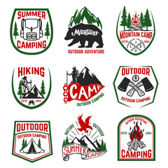 Set of camping, hiking, mountains, outdoor emblems, badges and design elements. Vector illustration