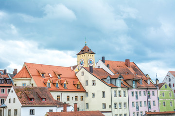 Fototapeta premium Old town of Regensburg at the river Danube on a cloudy day, Bavaria, Germany