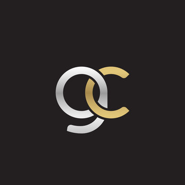 Initial lowercase letter gc, linked overlapping circle chain shape logo, silver gold colors on black background