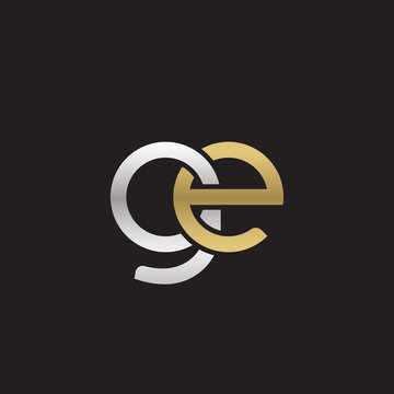 Initial lowercase letter ge, linked overlapping circle chain shape logo, silver gold colors on black background