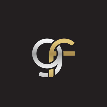 Initial lowercase letter gf, linked overlapping circle chain shape logo, silver gold colors on black background