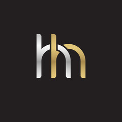 Initial lowercase letter hh, linked overlapping circle chain shape logo, silver gold colors on black background