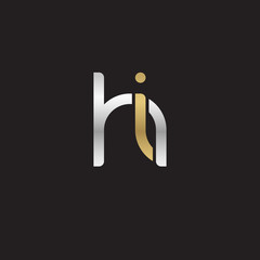 Initial lowercase letter hi, linked overlapping circle chain shape logo, silver gold colors on black background
