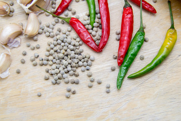 Top view mix indian spices and herbs different size terracotta pots on white background with copy space for design vegetables, healthy lifestyle, spices, herbs or foods content.