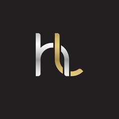 Initial lowercase letter hl, linked overlapping circle chain shape logo, silver gold colors on black background