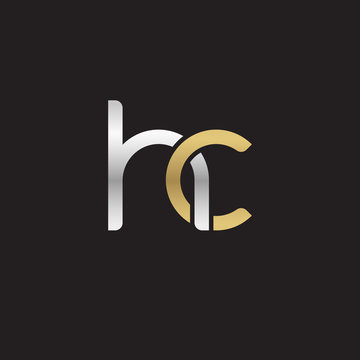 Initial lowercase letter hc, linked overlapping circle chain shape logo, silver gold colors on black background