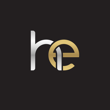 Initial lowercase letter he, linked overlapping circle chain shape logo, silver gold colors on black background