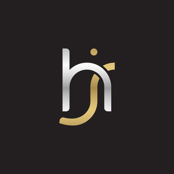 Initial lowercase letter hj, linked overlapping circle chain shape logo, silver gold colors on black background