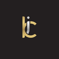 Initial lowercase letter ik, ki, linked overlapping circle chain shape logo, silver gold colors on black background