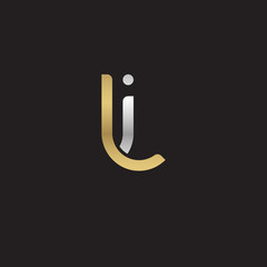 Initial lowercase letter il, li, linked overlapping circle chain shape logo, silver gold colors on black background