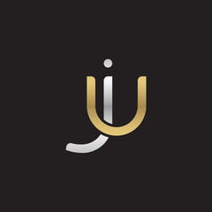 Initial lowercase letter ju, linked overlapping circle chain shape logo, silver gold colors on black background
 
