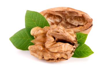 Walnut with leaf isolated on white background