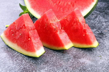 Tasty fresh appetizing watermelon drink smoothie. Watermelon drink in glasses with slices