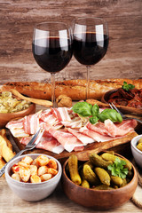 Italian antipasti wine snacks set. Cheese variety, Mediterranean