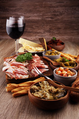Italian antipasti wine snacks set. Cheese variety, Mediterranean