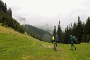 men hikers walking on mountain valley road way to forest during spring. fog covering the hills