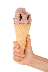 bitten chocolate ice cream in a waffle horn in the hand isolated