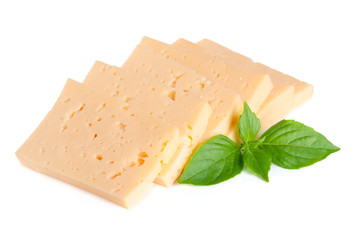 cheese with basil leaves isolated on white background
