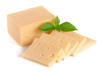 cheese with basil leaves isolated on white background