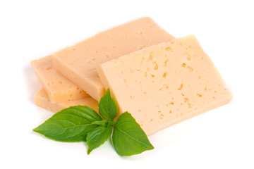 cheese with basil leaves isolated on white background