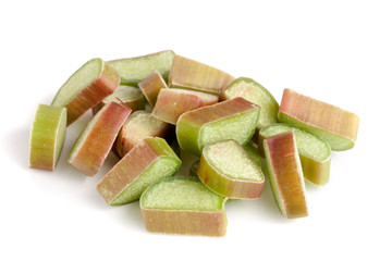 Chopped rhubarb stem isolated on white background cutout