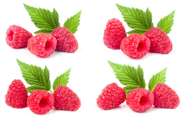 red raspberries with leaves isolated on white background. Set or collection