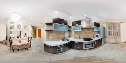 Panorama in interior stylish kitchen in modern flat in pastel color. Full 360 degree seamless...