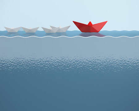 Outstanding red boat sailing on water with waves and ripples. can used image concept.
