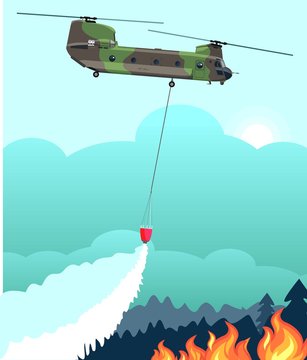 Rescue helicopter extinguishes the fire forest with water bucket vector illustration