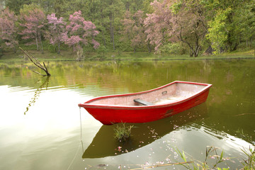 Boat on lake with a reflection in the water