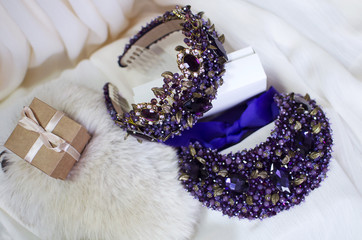 Purple royalty Jewelry. Fashion accessories. Crown for queen. Princess tiara. Gemstone necklace