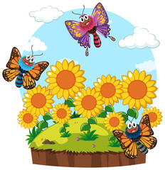 Garden scene with butterflies in sunflower garden