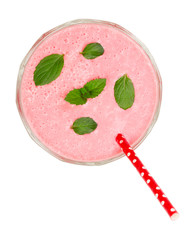 raspberry yogurt with mint leaves isolated on white background. Top view