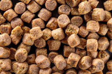 Macro image of dog dry food pellets background.