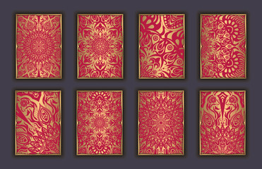Card set with mosaic lace decorative elements background. Asian Indian oriental ornate banners. - 166858528