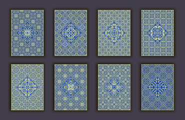 Card set with mosaic lace decorative elements background. Asian Indian oriental ornate banners.