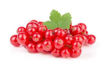Red currant berries with leaf isolated on white background