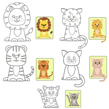 A set of different types of cats in the form of a coloring.