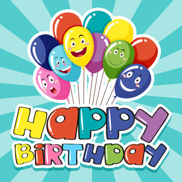 Happy Birthday card template with colorful balloons