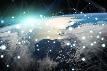 Global network and datas exchanges over the planet Earth 3D rendering