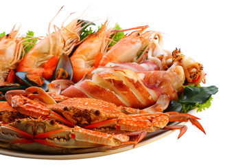 Mixed seafood grill isolated on white clipping path.