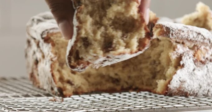 closeup of brioche cake. texture of cake with raisins.