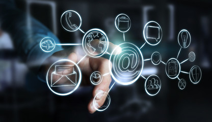 Businessman touching multimedia hand-drawn interface