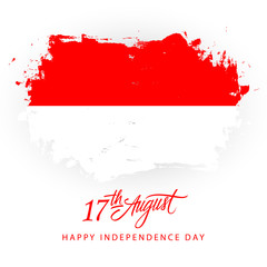 Indonesia Happy Independence Day, 17 august greeting card with Indonesian flag brush stroke background and hand lettering. Vector illustration.