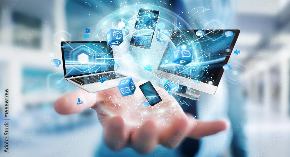 Poster tech devices connected to each other by businessman 3d rendering
