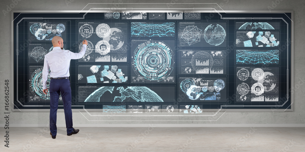 Poster Businessman using graph screens interface on a board 3D rendering
