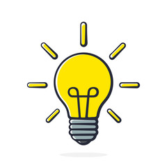 Vector illustration. Light bulb with light beams in pop art style. Cartoon with contour. Isolated on white background