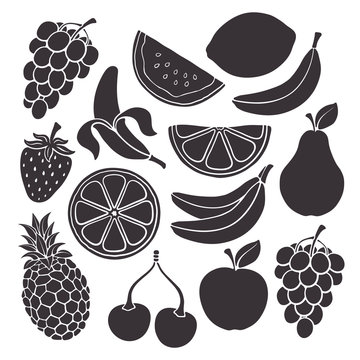 Silhouettes of banana, cherry, strawberry, pineapple, lemon, watermelon and other farm and tropical fruits and berries. Vector illustration set. Healthy vegetarian food. Isolated on white background