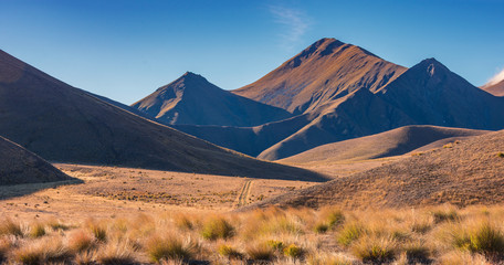 Golden field, mountian and blue sky in Lindis Pass, south island, New Zealand