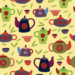 Cute tea set. Colorful Vector seamless pattern.